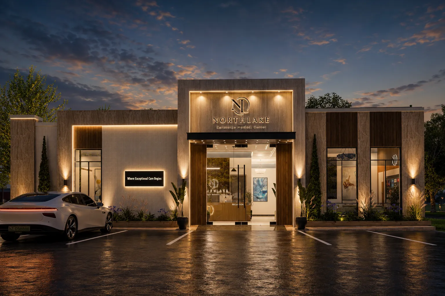 Northlake Concierge Medical Center front elevation at dusk