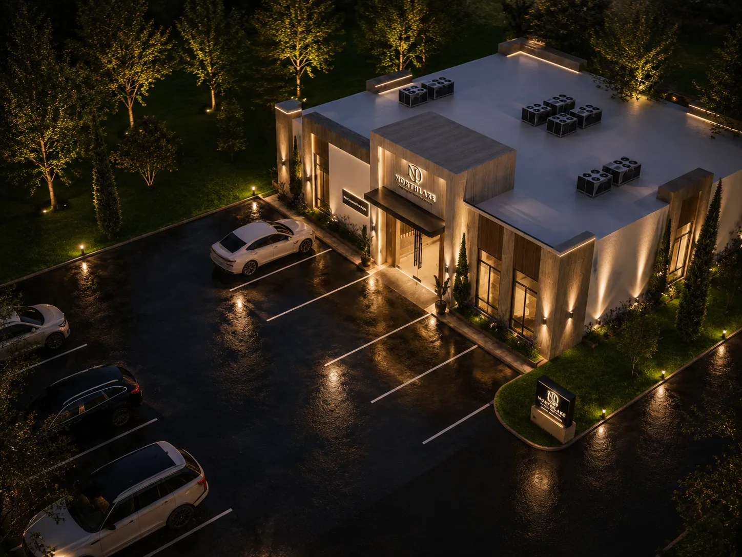 Northlake Concierge Medical Center aerial exterior at dusk